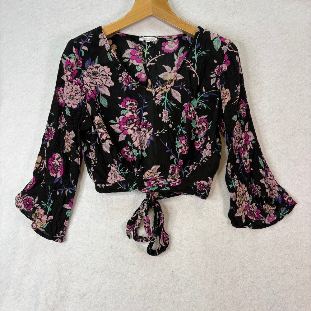 Patrons of Peace Floral Tie Back Black Crop Top Women Large Boho Festival Hippie